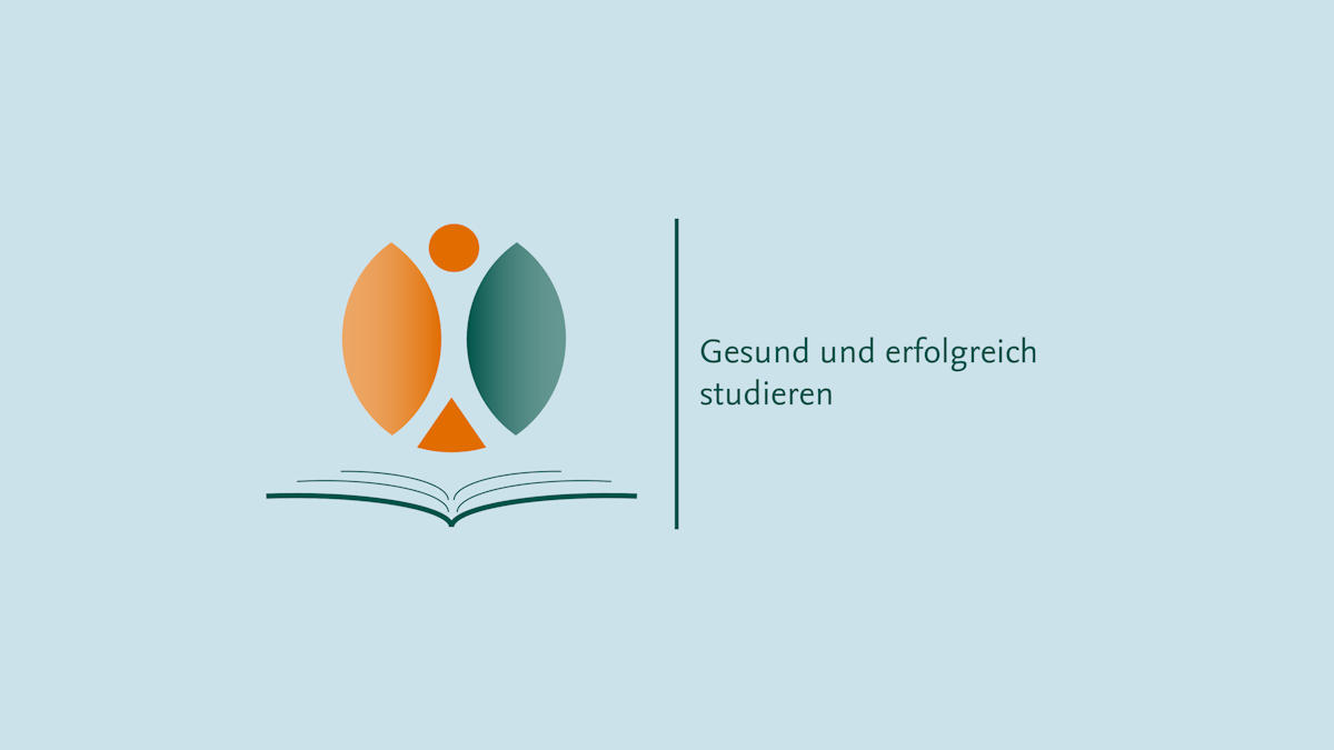 Das Bild stellt das Logo des Projekts ist mit dem Schriftzug "Gesund und erfolgreich studieren" dar. Links daneben ist ein offenes Buch mit einer kreisförmien Darstellung in orange und grün abgebildet.