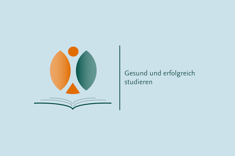 Das Bild stellt das Logo des Projekts ist mit dem Schriftzug "Gesund und erfolgreich studieren" dar. Links daneben ist ein offenes Buch mit einer kreisförmien Darstellung in orange und grün abgebildet.